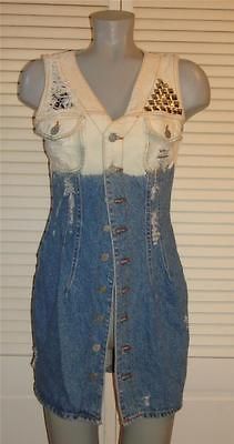 Vntg 80s BONGO Long Denim Ombre STUDDED Destroyed Festival VEST/Jacket