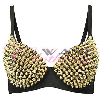 Ladies Gold Stud Spike Padded Bra Tops Bralet Black Cup Sexy Look Top