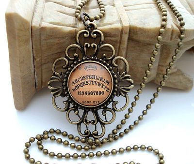 Ouija Board Ornate Antique Brass Glass Tile Necklace FRAMED Halloween