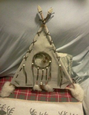 Vintage  Indian Dream Catcher Tee Pee/ Wood & Deer Fur