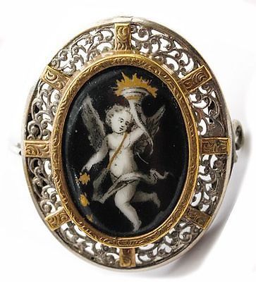 Antique Georgian Era French Brooch, Kiln fired Enamel Cupid, Putti