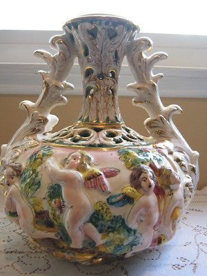 HAND MADE/PAINTED ANGEL PUTTI CHERUBS ITALIAN POTTERY LAMP VASE