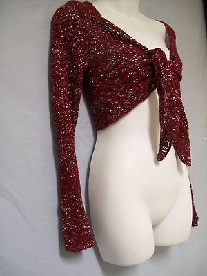 Burgundy and Silver Crocheted Sweater, Shrug, Tie Front, Sparkly