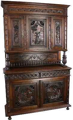 CHESTNUT HIGHLY CARVED FRENCH BRITTANY STYLE BUFFET SERVER HUTCH