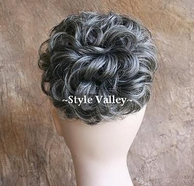 Salt Pepper BUN Hairpiece Extension Gray Mix Short Curly Chignon Hair