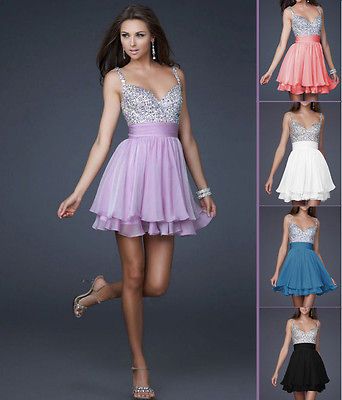 New Sequins&Chiffo​n V neck Above Knee Cocktail Prom Evening Dress