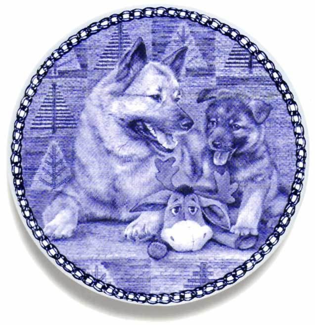 NORWEGIAN ELKHOUND & PUPPY DANISH BLUE PORCELAIN PLATE #3011