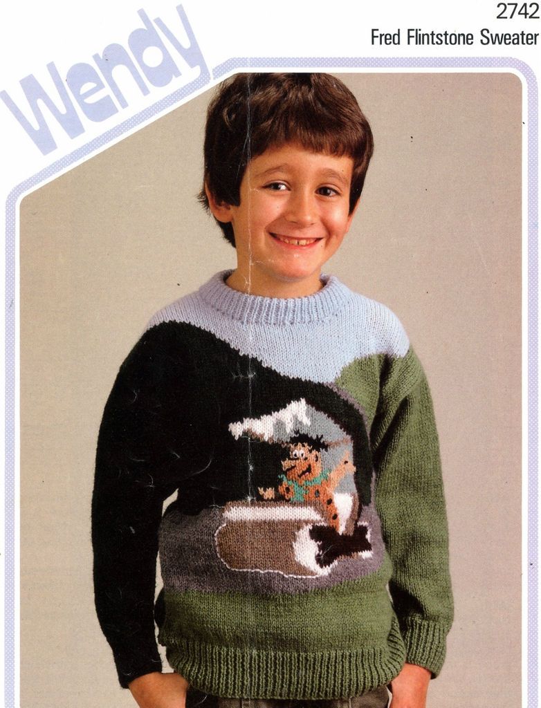 KNITTING PATTERN CHILDS DK FRED FLINTSTONE CAR MOTIF SWEATER TO KNIT