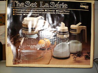 THE WHISTLER GLASS WHISTLING KETTLE,CREAMER & SUGAR POURER SET NEVER