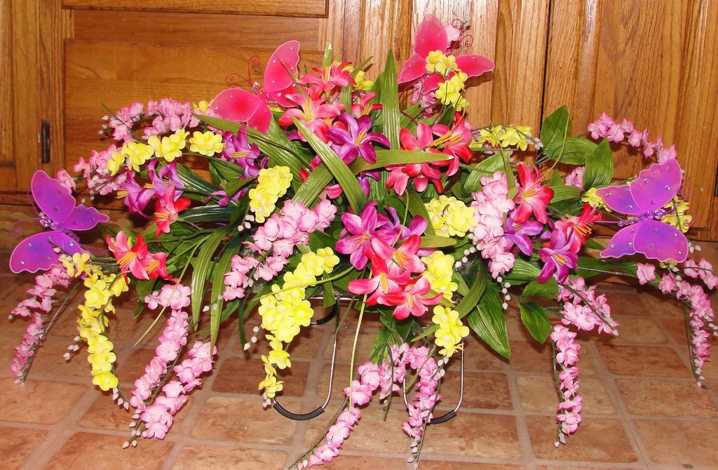 Yellow Pink Purple Centerpiece Cheerful Butterflies Cemetery Tombsbone