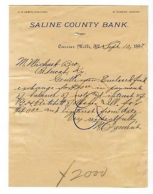 1897 Saline County Bank Carrier Mills Illinois letter