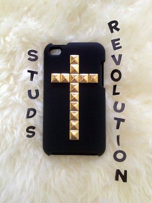 Touch 4G Studded black case with gold upright cross,studded ipod case