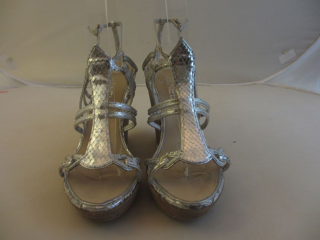 CHANEL Metallic Silver Snakeskin Strappy Wedges   Size 38; HC