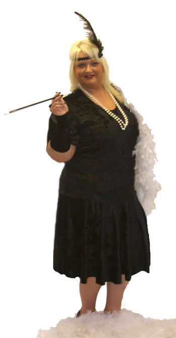 CHARLESTON 1920S BLACK DRESS, HEADBAND, GLOVES FANCY DRESS REAL PLUS