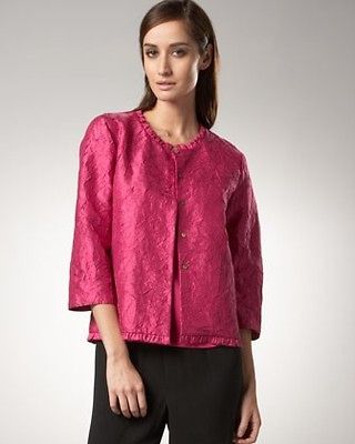 EILEEN FISHER Fuschia Ruffle Band Collar Crinkled Silk Shirt Jacket XL