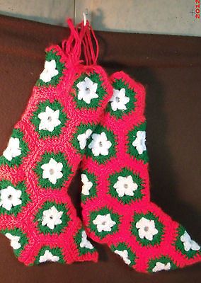 SET OF 2 KNITTED RED CHRISTMAS STOCKINGS HAND MADE POINTY TOES