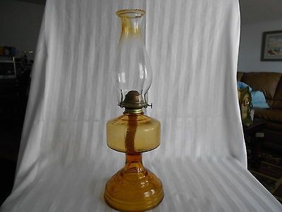 Vintage Golden Amber Pressed Glass Oil Kerosene Lamp w/Chimney