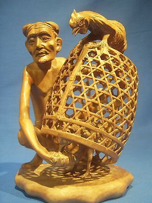 Stunning Vintage Balinese Master Wood Carving  Cockfighting Rooster