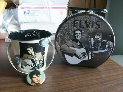 COLLECTOR TINS & BUTTON, LOT OF 3 LUNCH BOX, BUCKET & PIN BROOCH