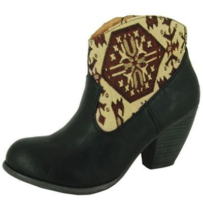 Brand New PU Leather Black Ankle Boot w/ Aztec Vintage print