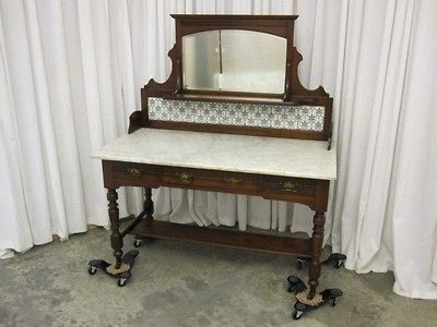 Antique European Buffet / Vanity Walnut Mirrored Crown w Marble