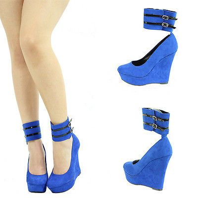 COBALT BLUE/BLK MARY JANE ANKLE STRAP HIGH HEEL PLATFORM WEDGE PUMP