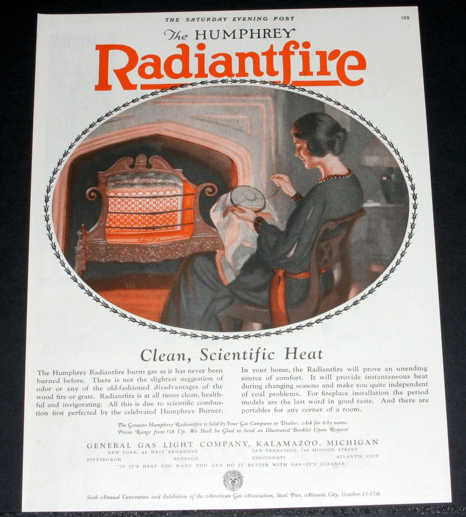 MAGAZINE PRINT AD, HUMPHREY RADIANTFIRE HEATER, CLEAN SCIENTIFIC HEAT