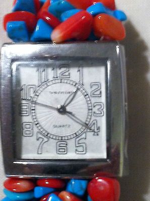 Newly listed Turquoise and Coral ??? Silvertone Watch Unique Pretty