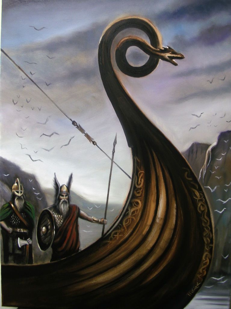 NORSE VIKING WARRIOR LONG BOAT DRAGON SHIP ORIGINAL OIL PAINTING TONY