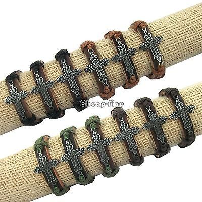 12pcs Silver tone Cross charm Pendant Hemp Genuine Leather Bracelet