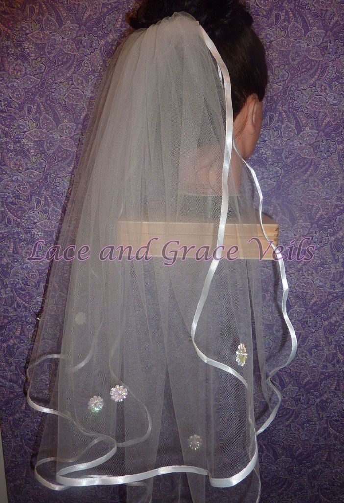 Communion Veil with flowers on veil on White Satin Comb, Handmade