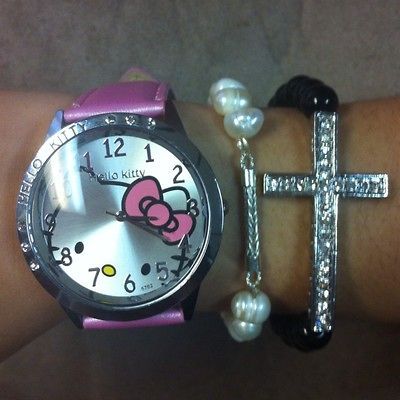 Arm Candy Hello Kitty Watch Sideway Cross Bracelet And Pearl Bracelet