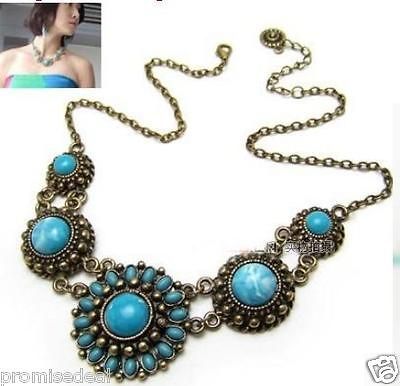 Vintage necklace,Bronze imitation turquoise necklace alloy plating