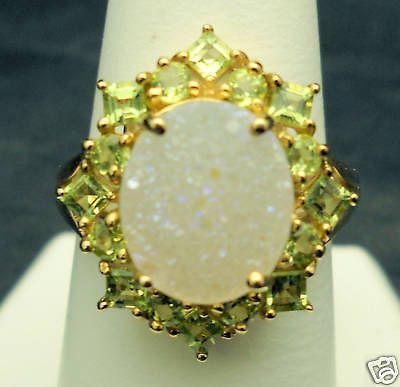 4ct DRUSY QUARTZ & PERIDOT RING SOLID 10K GOLD SIZE 8