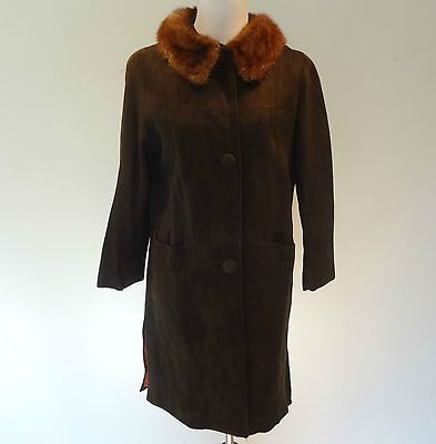 Vtg 60s Chocolate Brown Suede Leather Jacket Coat Mink Fur Collar Mod