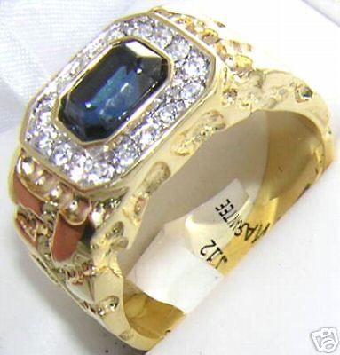 18K GOLD EP CZ SAPPHIRE EMERALD CUT MENS DRESS RING 11