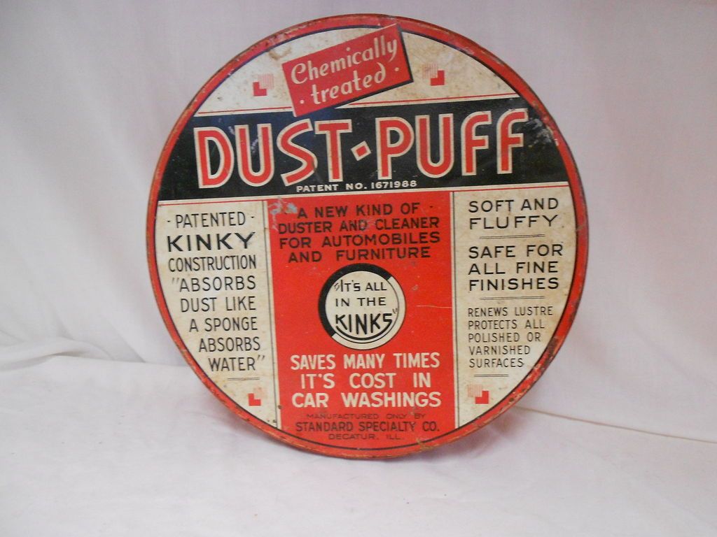 Vint. Dust Puff Tin~ Mop Tin~ Standard Specialty Co. Decatur, Ill.~