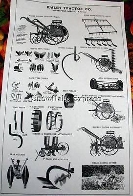 Vintage 1930s Walsh Garden Tractor Implement Sheet n Price List Copy