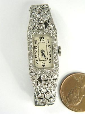 ART DECO PLATINUM DIAMOND LADIES COCKTAIL WATCH w/ 18K WHITE GOLD