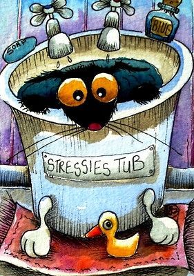 ACEO Print Watercolor Folk art Lucia Stewart Stressies tub bathroom