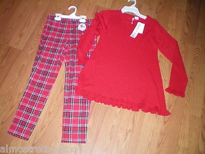 GIRLS RED LONG SOFT SWEATER SZ MEDIUM M 8 10 AND RED PLAID LEGGINGS