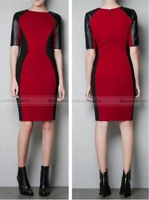 Women Trendy Faux Leather Splice Slim Dress Skirt One Piece S M L New