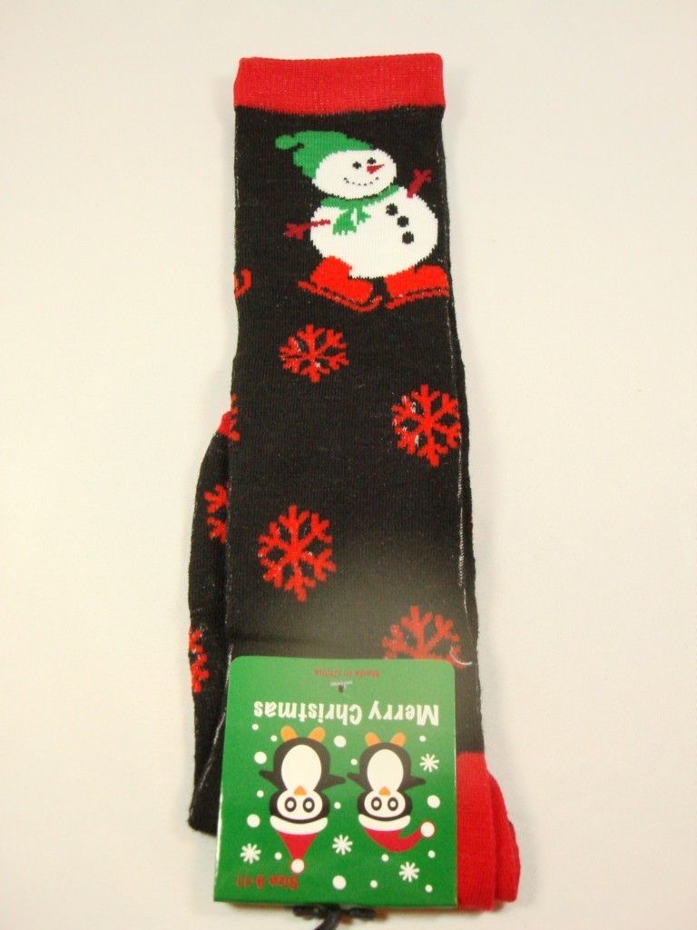 Christmas Knee High black socks Snow Man Ice Skate red Snow flakes sz