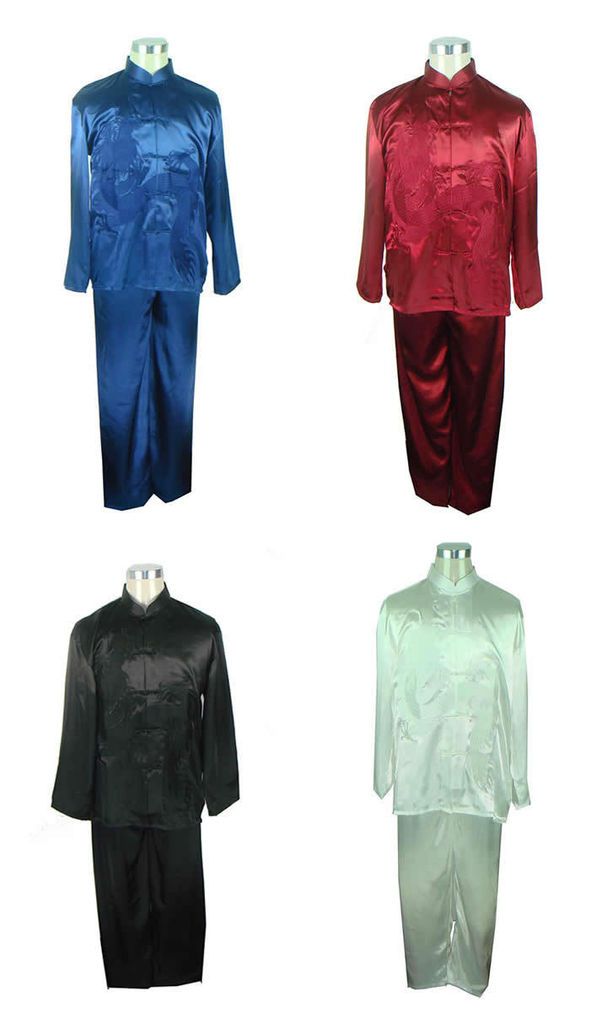 Black White Blue Red Chinese Mens Silk Kung Fu Suit Pajamas SZ M L