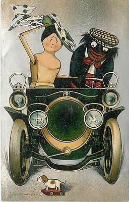 DOLLS IN CAR GOLLIWOG DRIVING TOY DOG MAILED 1909 K16069