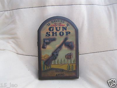 Hawkins Gun Shop Store Wooden Box Key advertising sign