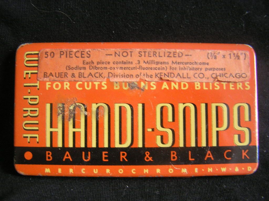 BAUER & BLACK HANDI~SNIPS TIN / VINTAGE MEDICAL MERCUROCHROME FREE