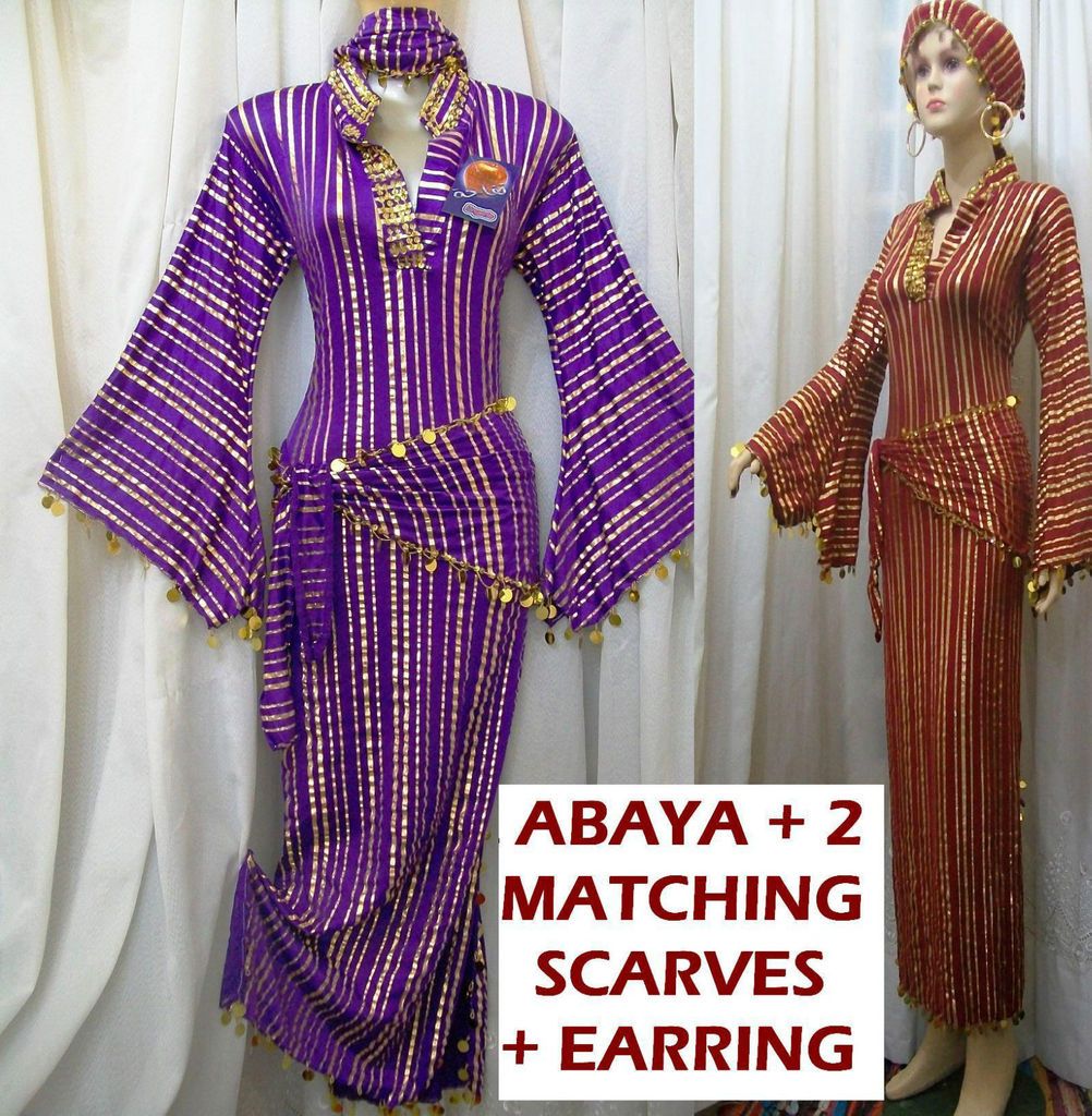 EGYPT GALABEYA & 2 MATCHING EMBROIDERED SCARVES,BALADI ,ABAYA,BELLY