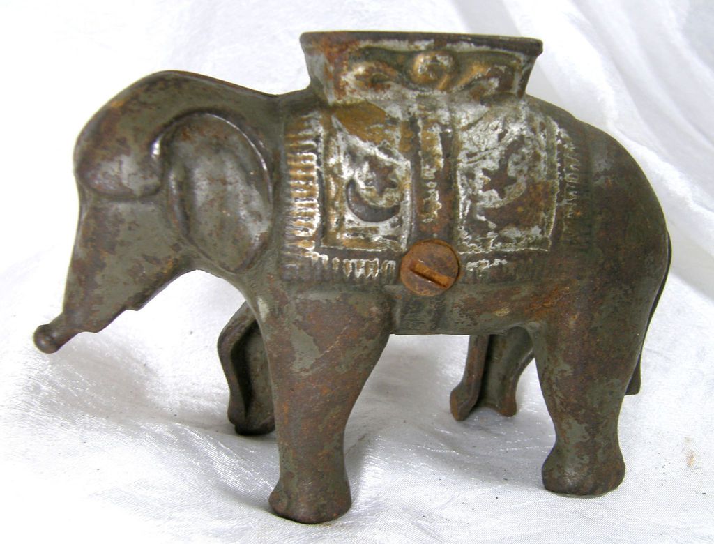 Cast Iron Elephant Savings Bank Vintage Old, Rusty, Worn