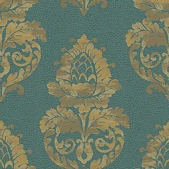 Wallpaper Designer Gold Metallic & Faux Damask on Aqua Dot Faux